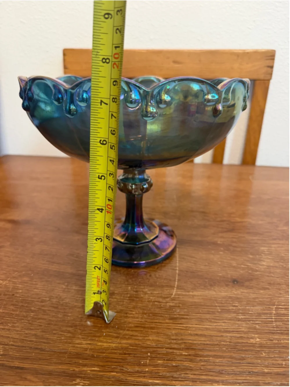 Vintage Blue Carnival Glass Pedestal Compote Bowl Iridescent Scalloped -CH
